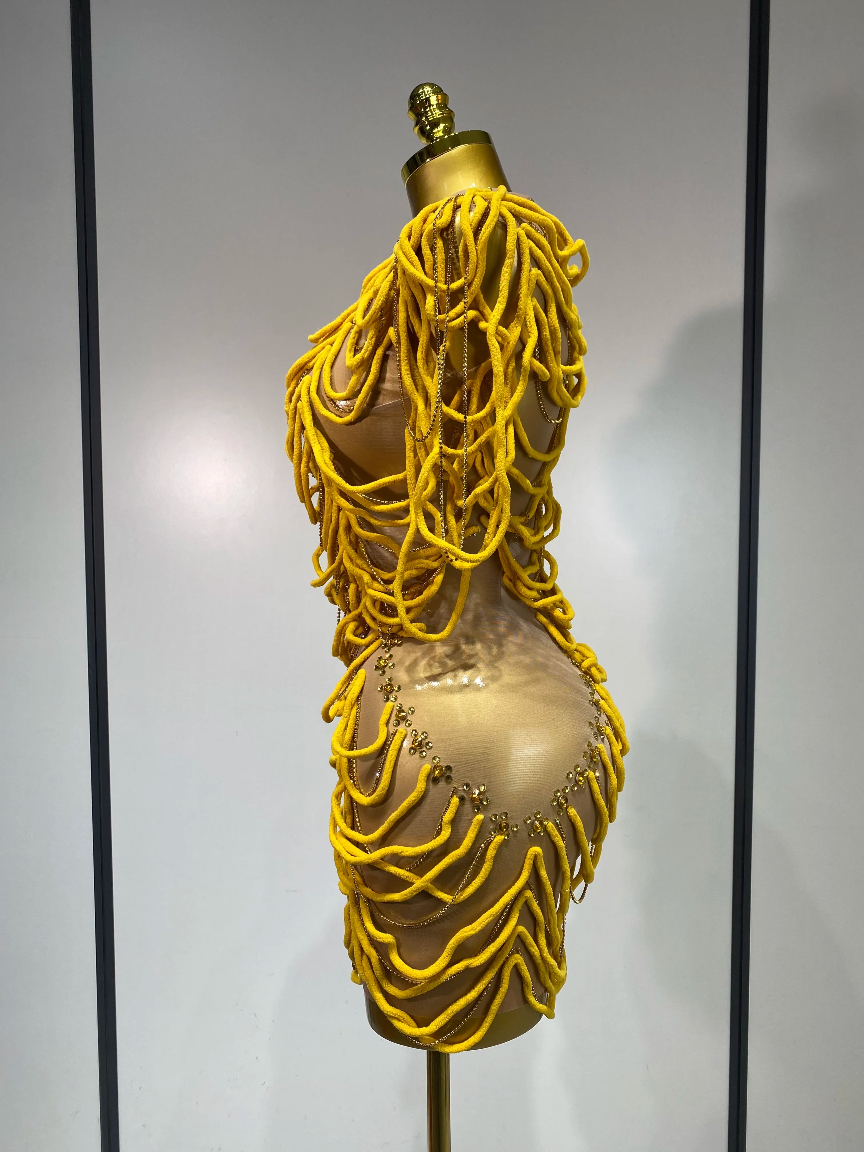 Women Sexy Mesh See Through Designer Rhinestones Chain Stage Performance Costume Nightclub Celebrate Party Luxury Birthday Dress