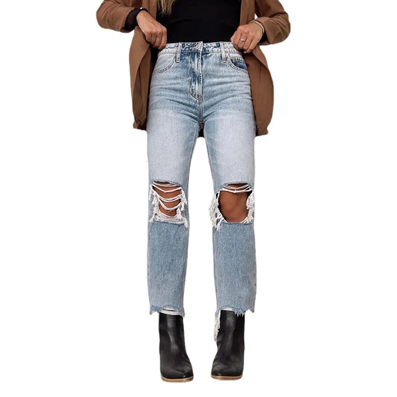 Summer Women Stretch Skinny Ripped Jeans High Waist Baggy Vintage Light Blue Girls Pants Narrow Straight Leg Fashion Trousers