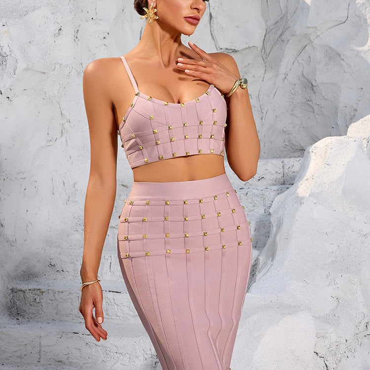 Chic Pink Studded Crop Top and Skirt Set for a Trendy Rooftop Party Evening Gown Dress