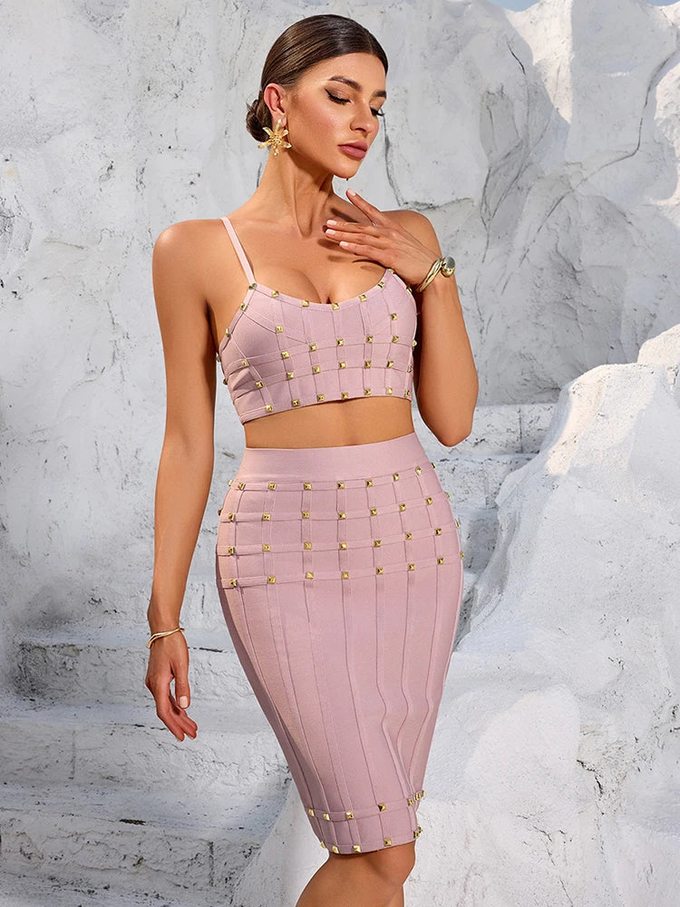 Chic Pink Studded Crop Top and Skirt Set for a Trendy Rooftop Party Evening Gown Dress