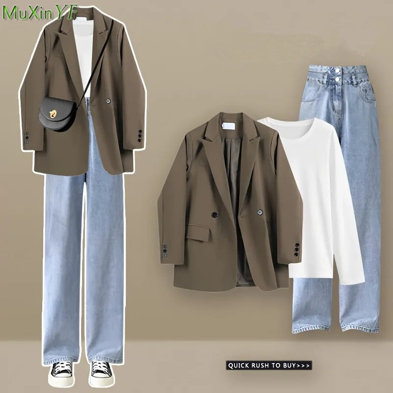 Donna Primavera Autunno Blazer T-shirt Pantaloni in denim Set da 1 o 3 pezzi Coreano Lady Casual Giacche da abito Top bianchi Jeans Outifts 2023