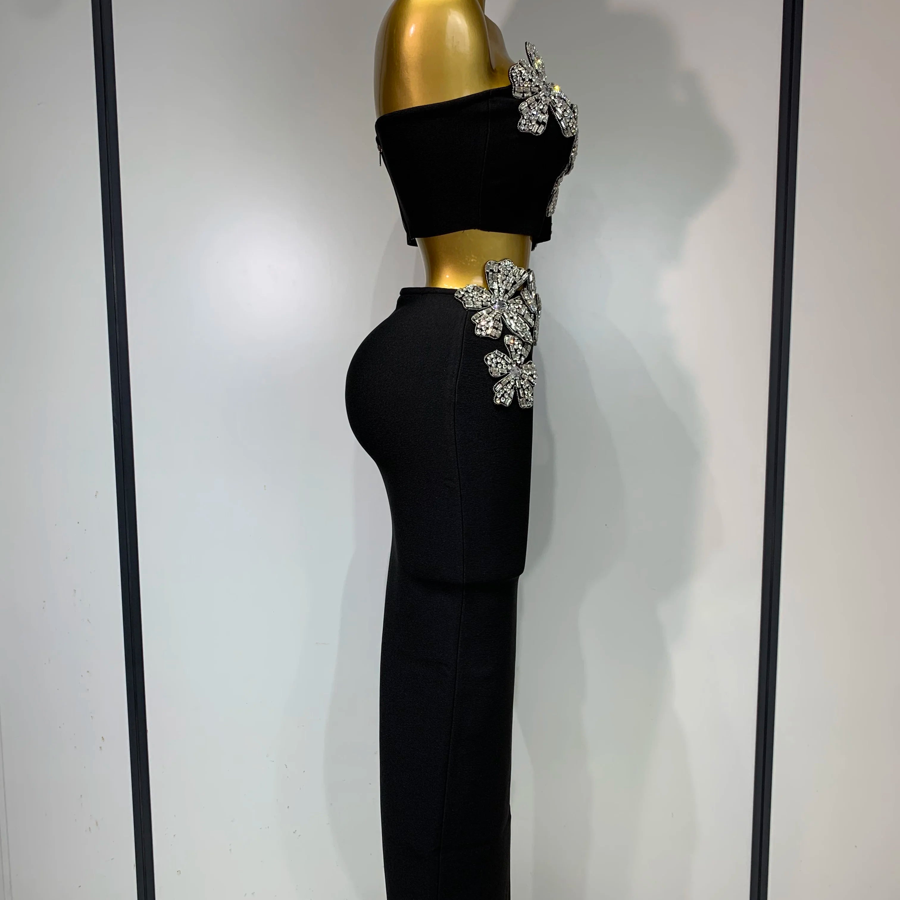 Women Sexy Strapless Flower Diamonds Black Maxi Long Bandage Two Piece Set 2025 Knitted Elegant Evening Club Party Prom Gowns