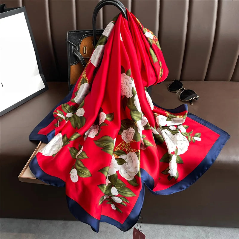 180*90cm Luxury Silk Scarf Women Printing Long Sun Protection Shawl Large Size Bandanna Foulard Muffler Hijab Scarves Soft Wraps XL131-1 180X90cm