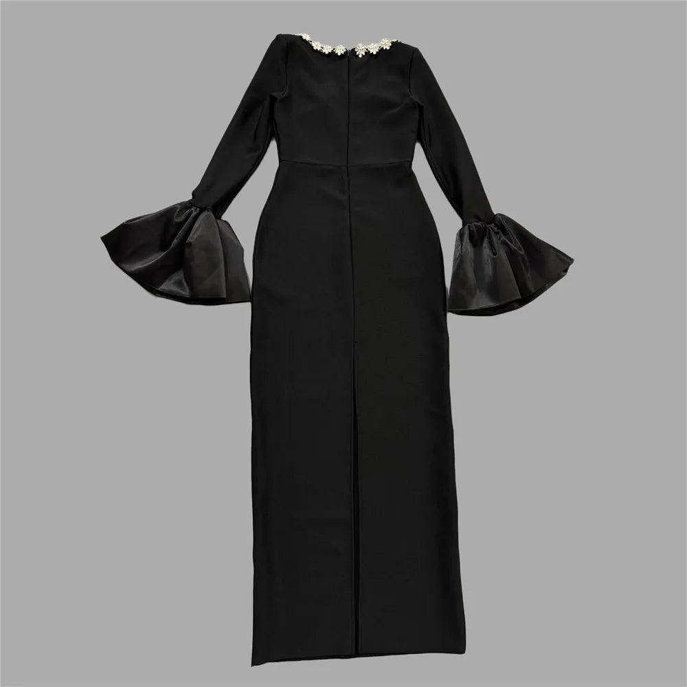 Women Long Sleeve Sexy Square Collar Shinning Crystal Bodycon Long Bandage Dress Celebrate Evening Party Outfit
