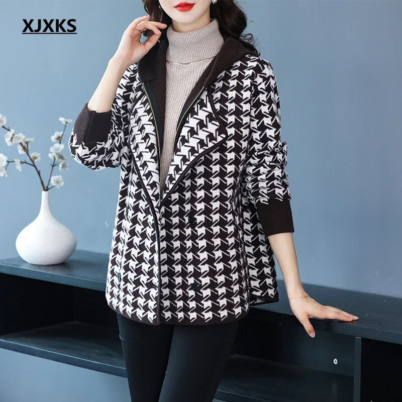 XJXKS 2024 Winter New Fake Two Pieces Splicing Women's Jacket Zip Cardigan Coat Comfortable Warm Hooded Wool Chaquetas 1 One Size