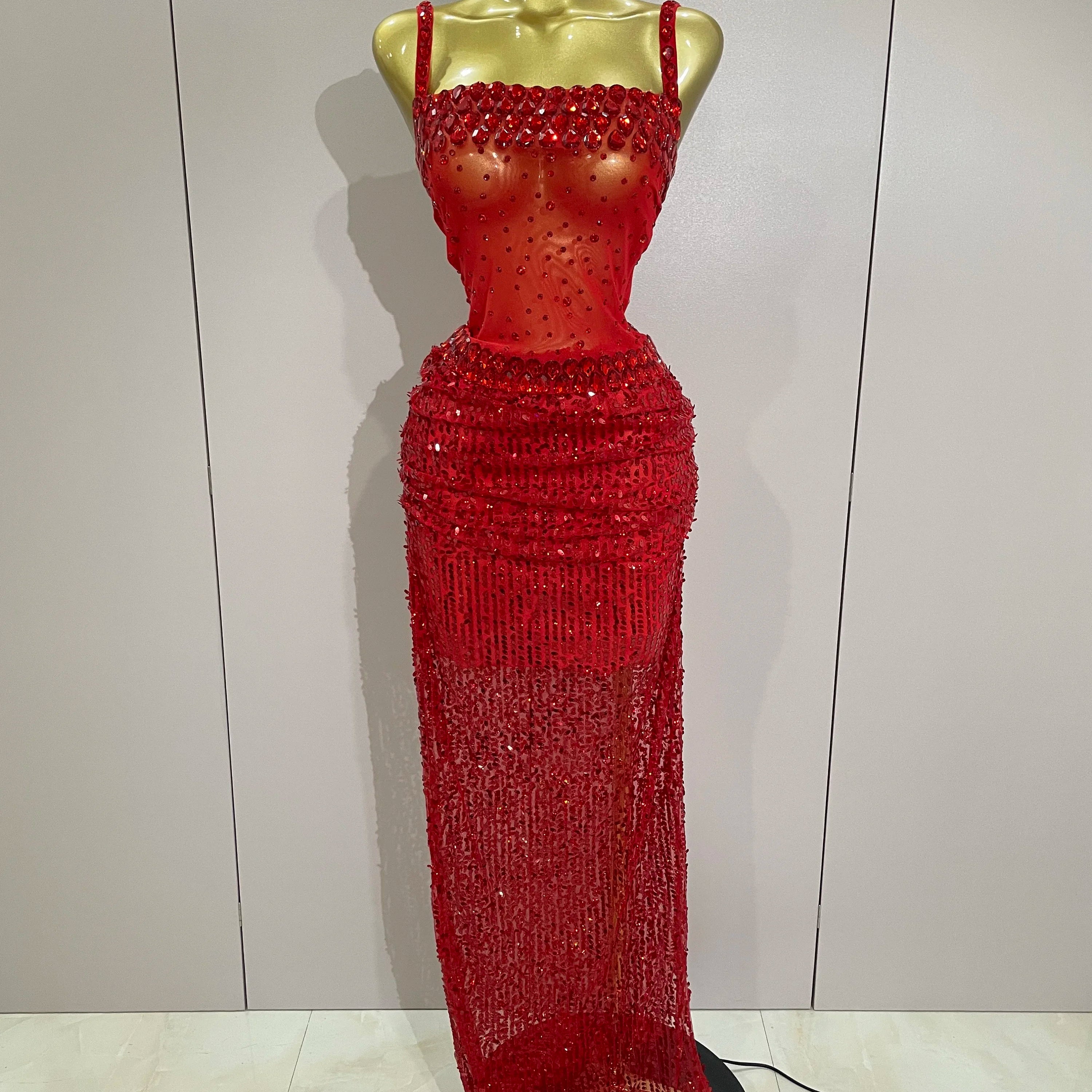 Sparkly Red Rhinestones Sequins Sexy See Through 2PCS Long Dress 2025Women Celebrate Evening Birthday Party Dress Stage Costumes Red