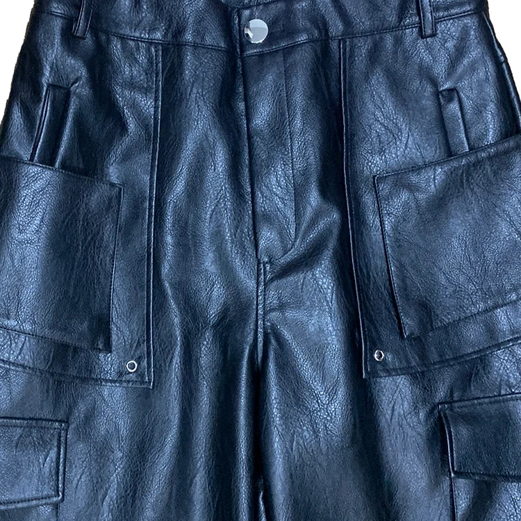 Mauroicardi Autumn Baggy Black Faux Leather Wide Leg Cargo Pants Men with Many Pockets Luxury Mens Designer European Clothing