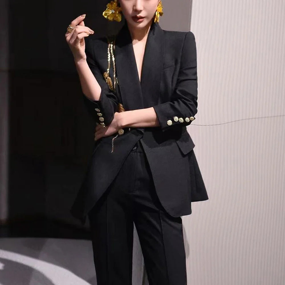 Solid Slimming Spliced Bead Elegant Blazer for Women Lapel Long Sleeves Patchwork Buttons Coat Female Clothing New