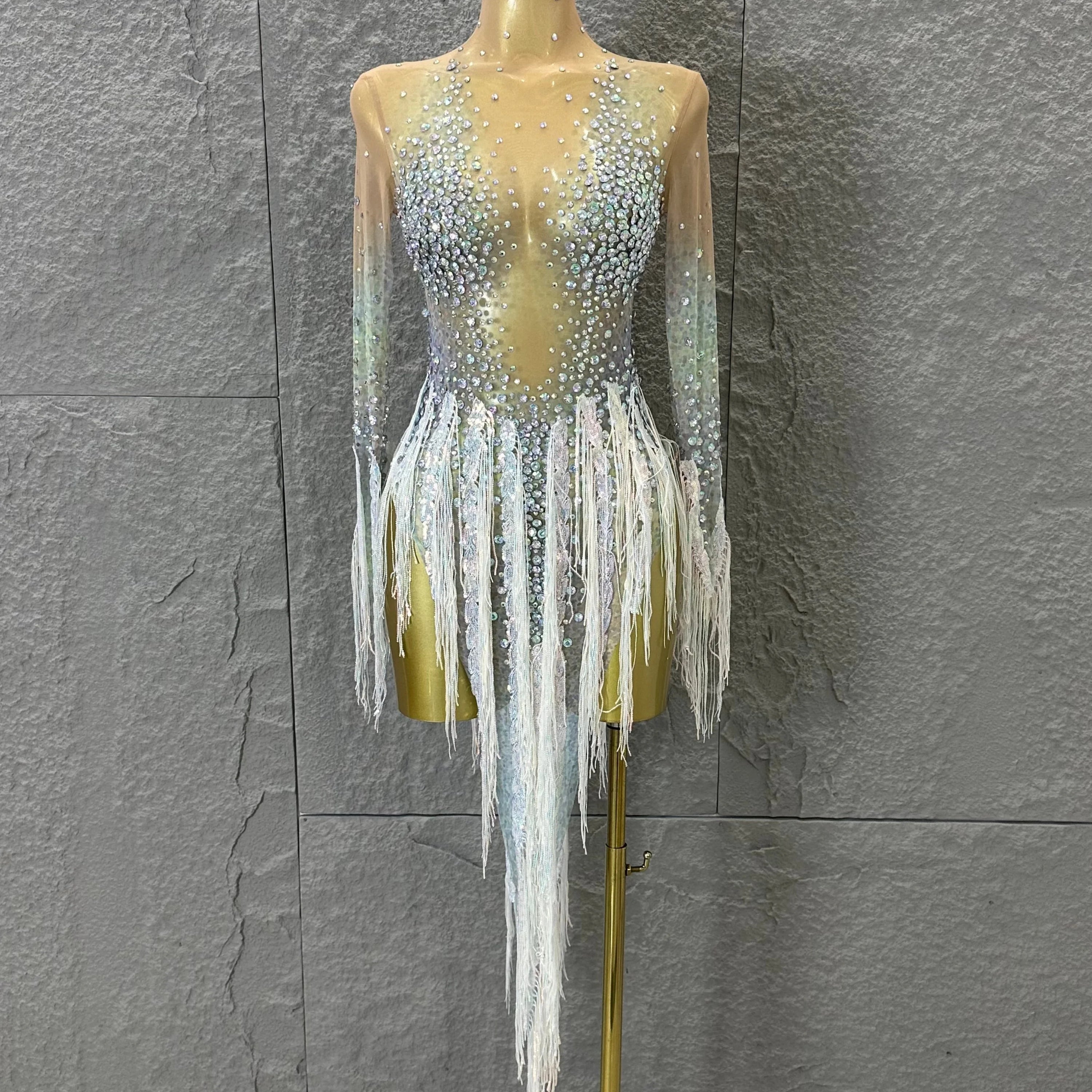Opulent Nude Long Sleeve Dress Women Sheer Mesh Iridescent Rhinestone Fringe Embellished Latin Dance Performance Costume WHITE