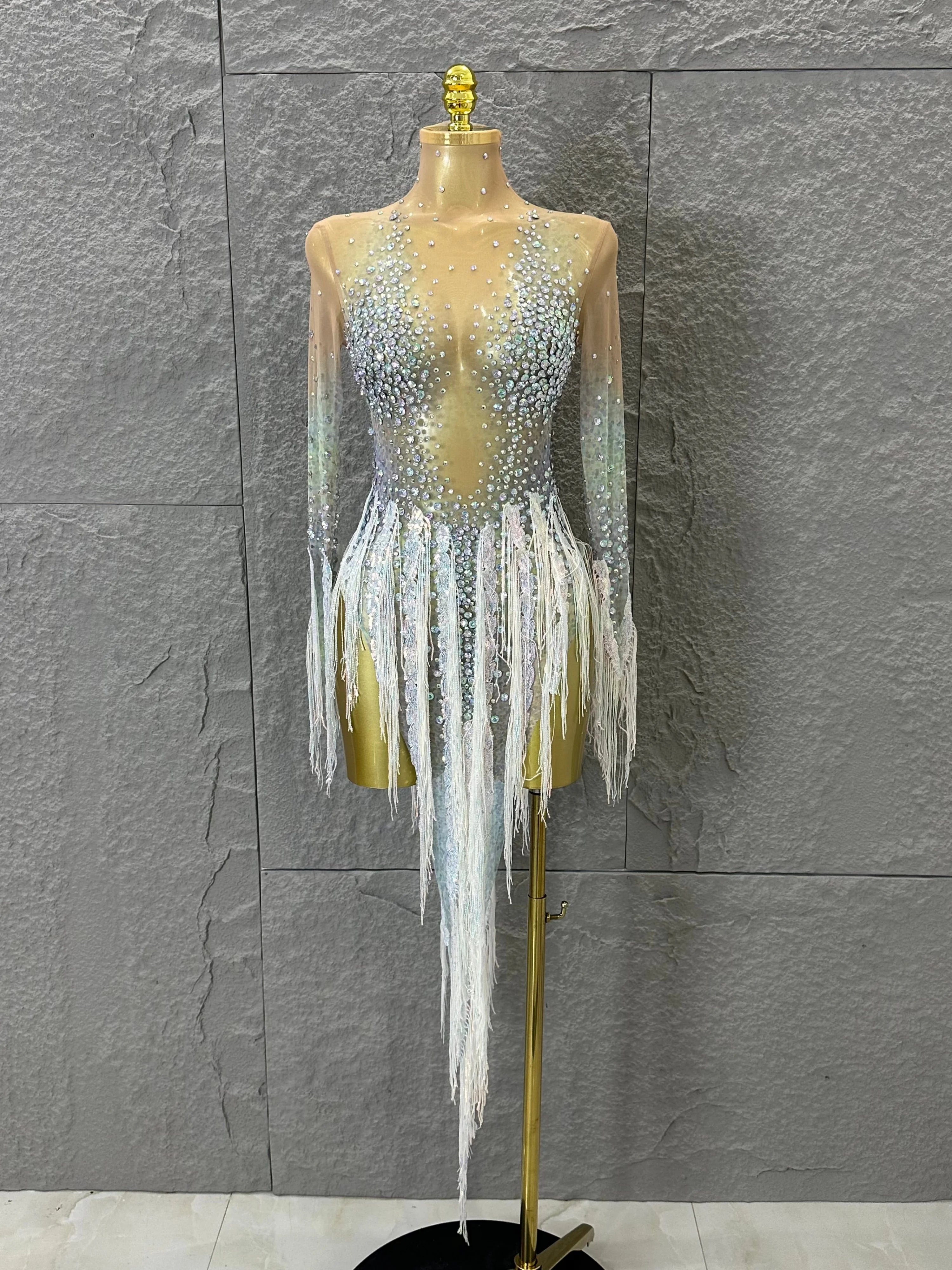 Opulent Nude Long Sleeve Dress Women Sheer Mesh Iridescent Rhinestone Fringe Embellished Latin Dance Performance Costume WHITE