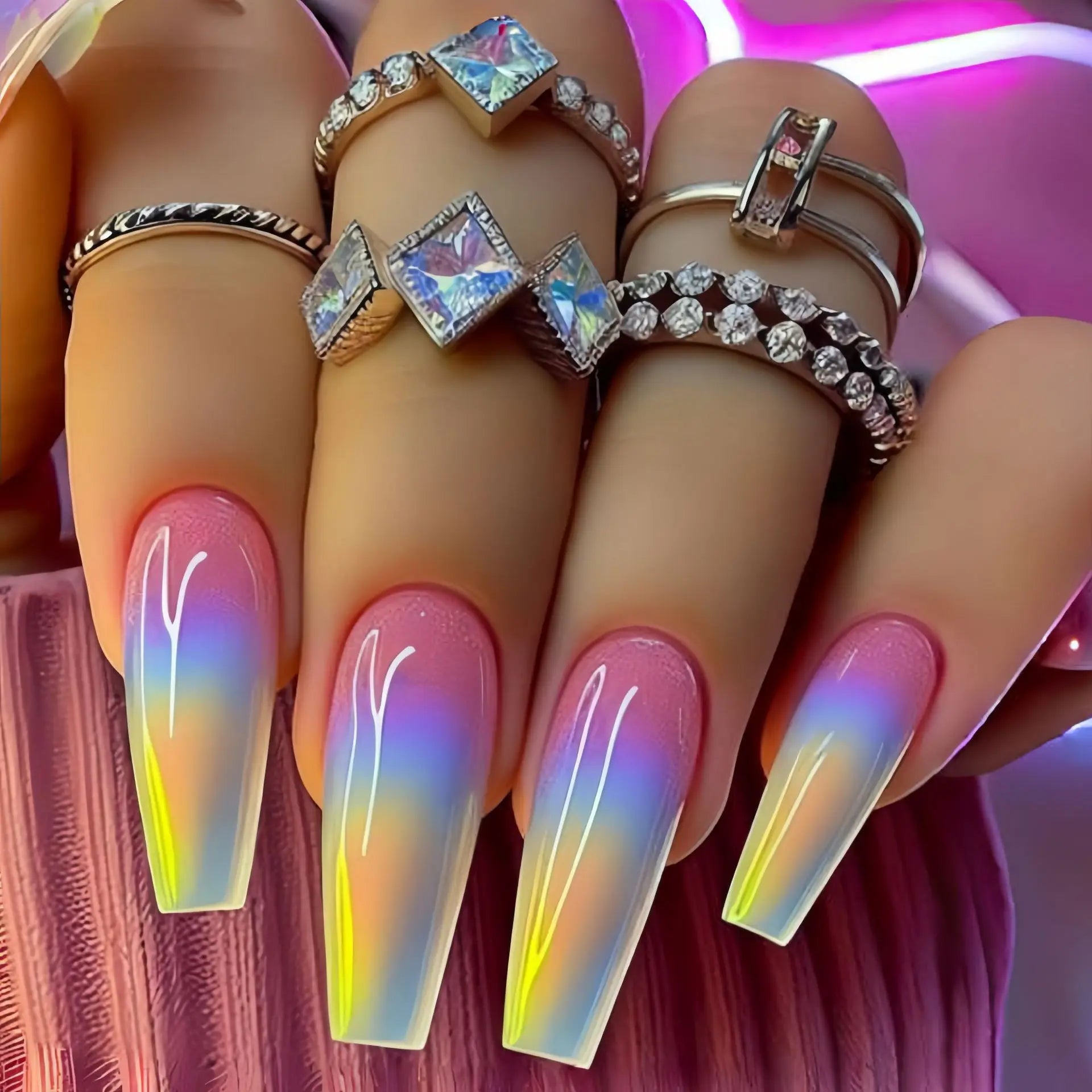 24pcs/set Medium long fake nails for women girls Y2K gradient purple blue yellow green square almond tips press on false nails 2526