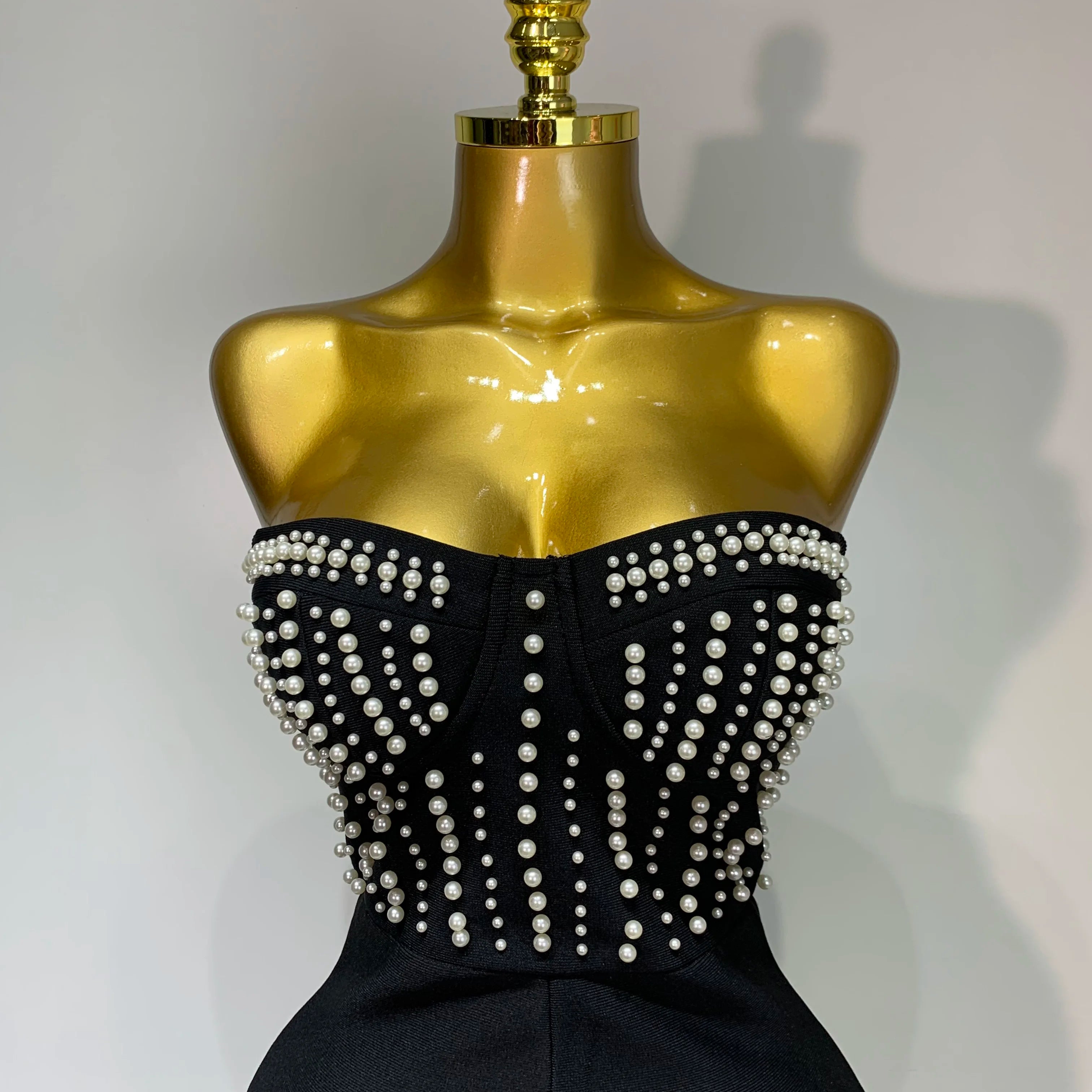 Women Sexy Black Sleeveless Backless Pearls Beaded StraplessBeading Bodycon Bandage Jumpsuit Evening Party Birthday Club Outfit