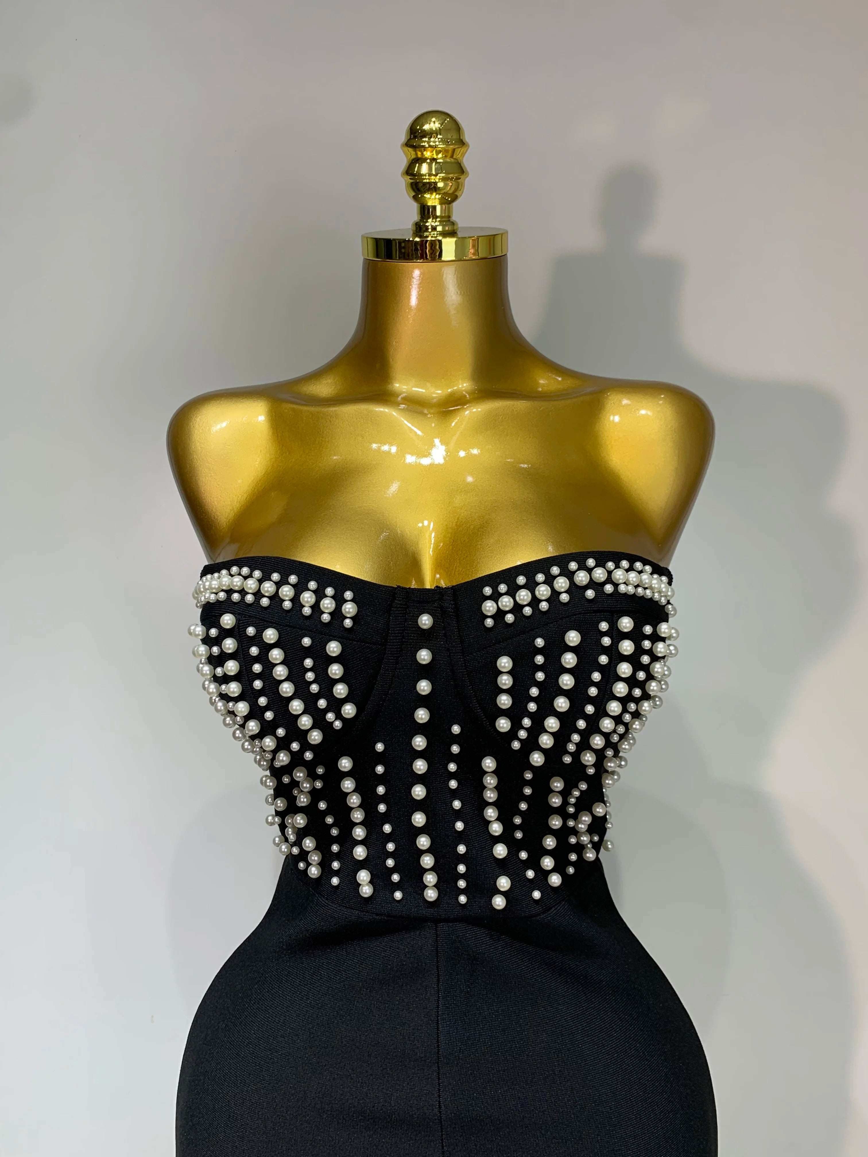 Women Sexy Black Sleeveless Backless Pearls Beaded StraplessBeading Bodycon Bandage Jumpsuit Evening Party Birthday Club Outfit