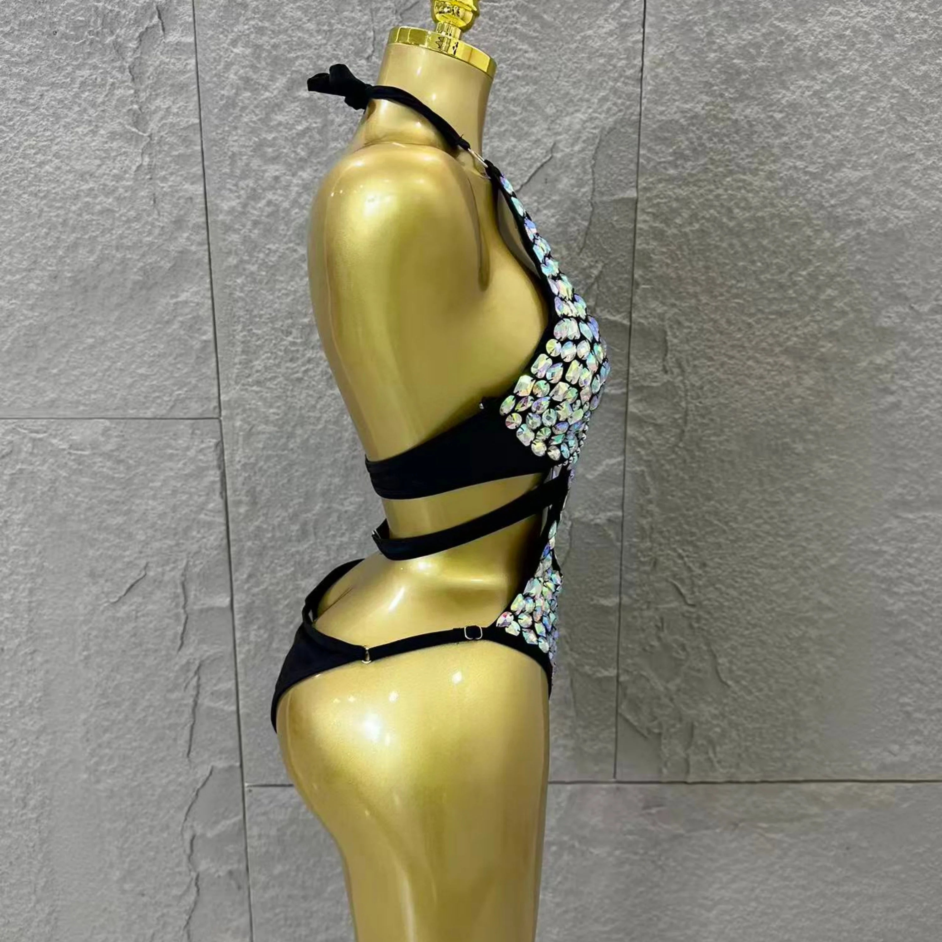 Women Sexy Halter Neck Iridescent Crystal Embellished Cutout Outfit Stage Performance Costume 2026 Luxurious Black Bodysuit