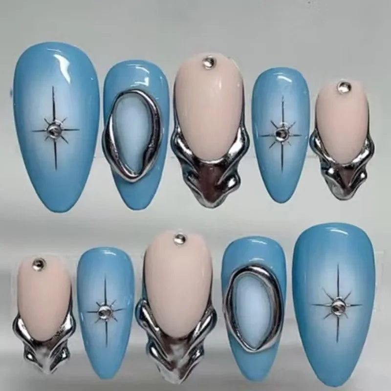24Pcs 3D Green Ripple Design False Nails Cat's Eye French Almond Fake Nail Tips Leaves Pattern Removable Oval Press on Nails 1041