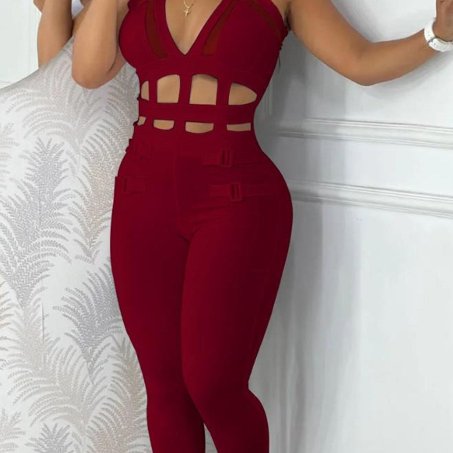 Sexy Night Out Jumpsuit for Women 2024 Summer New Sleeveless Plunge Hollow Out Halter Buckled Contrast Mesh Lady Skinny Jumpsuit C