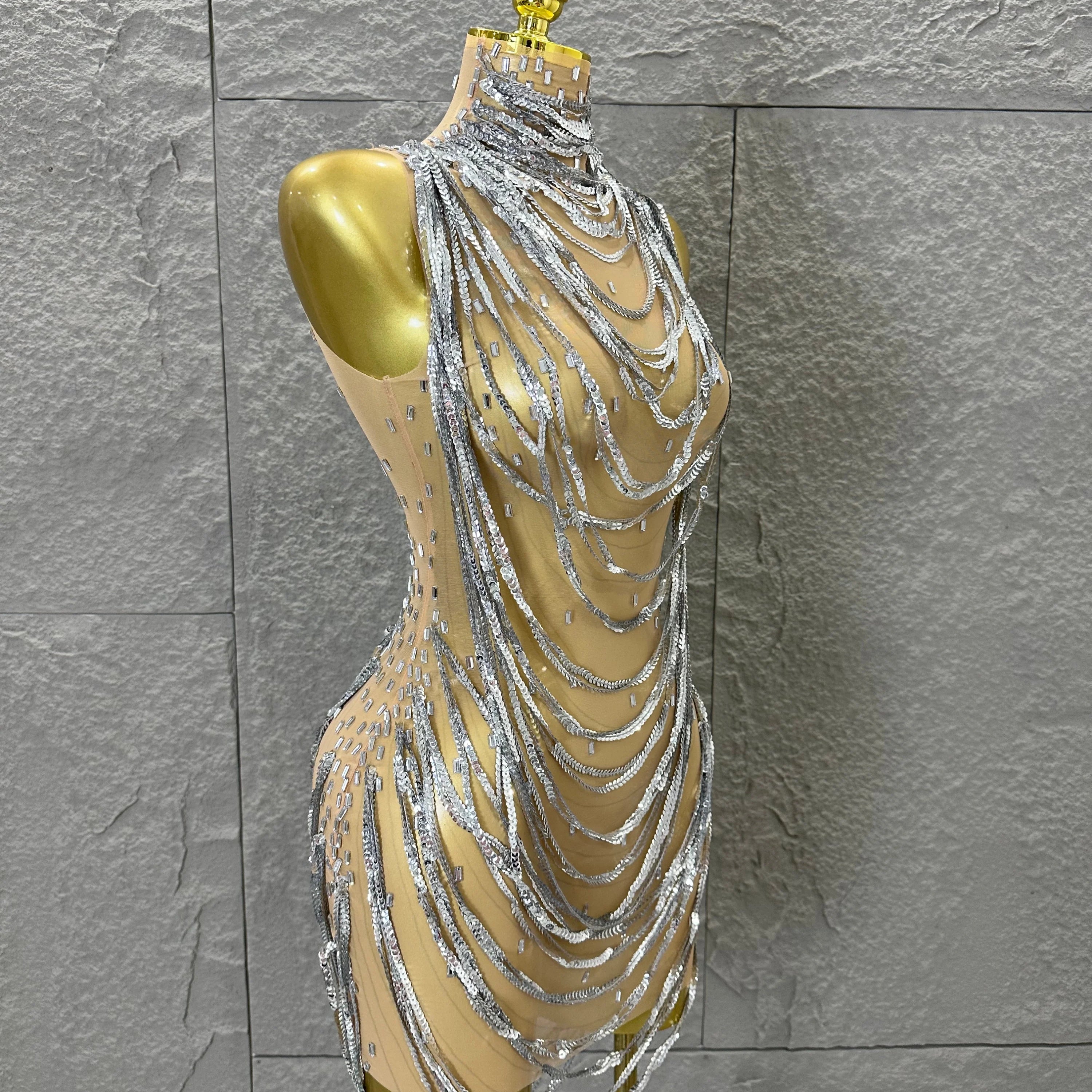 Glamorous Silver Sequined Layered Chain Mesh Dress Women Sexy High Neck Sleeveless Bodycon Stage Performance Costume