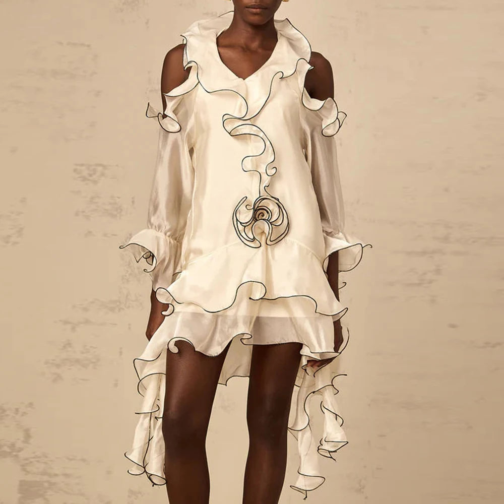 Hit Color Spliced Fungus Folds Elegant Dresses for Women Round Neck Raglan Sleeves Patchwork Striped Dress Female APRICOT