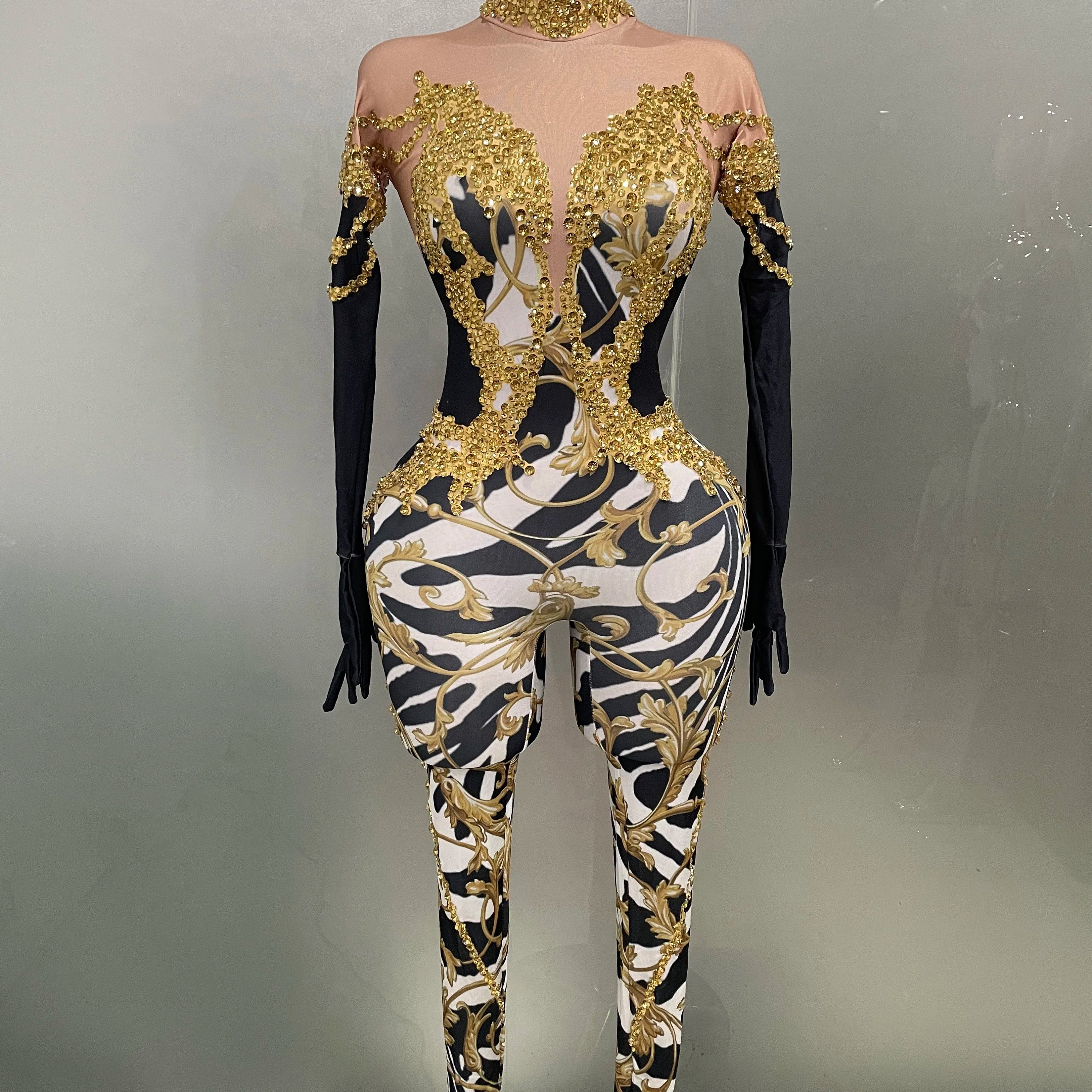 Sparkly Gold Rhinestones Jumpsuit With Gloves 2025 New Women Sexy Printed Party Nightclub Bar Singer Stage Performance Costume Gold