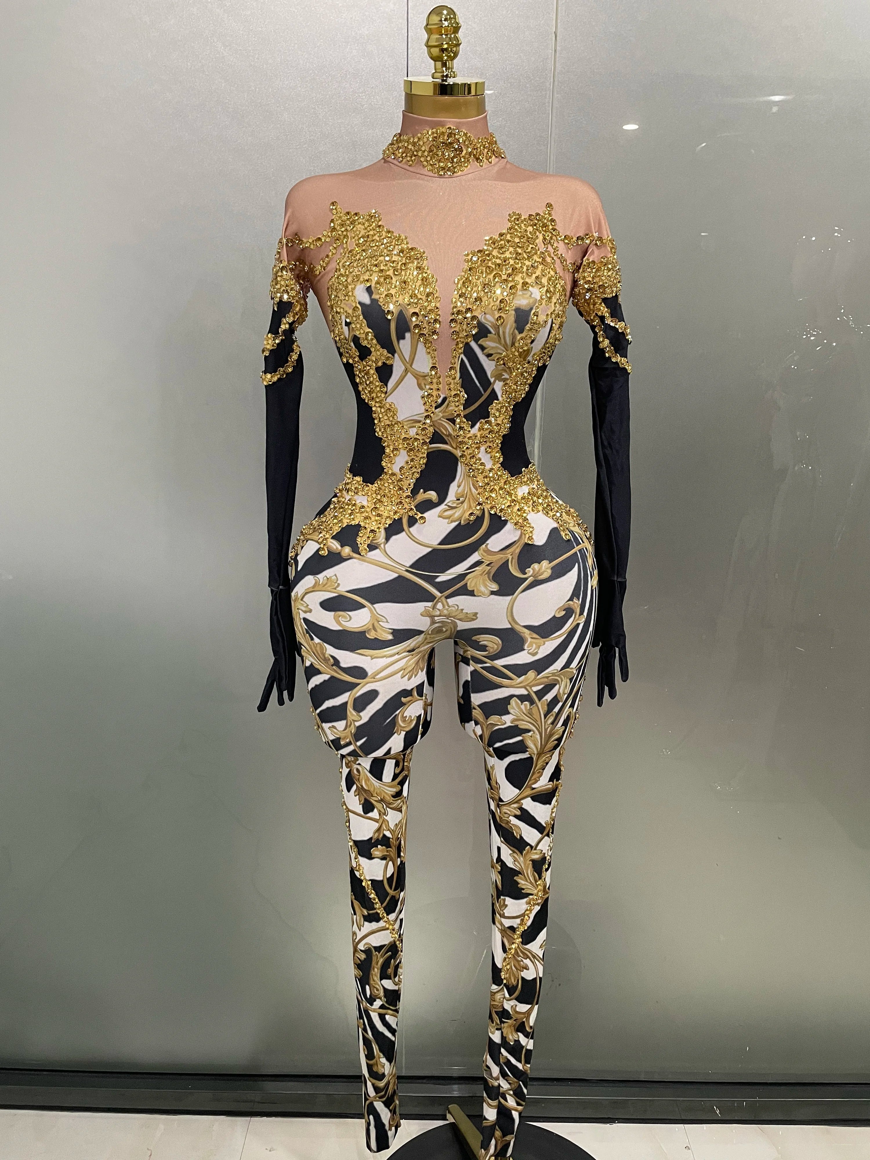 Sparkly Gold Rhinestones Jumpsuit With Gloves 2025 New Women Sexy Printed Party Nightclub Bar Singer Stage Performance Costume Gold