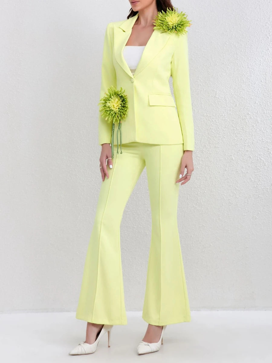 Solid Slimming Spliced 3D Flower Two Piece Sets for Women Lapel Long Sleeves Patchwork Button Top Pant Set Female