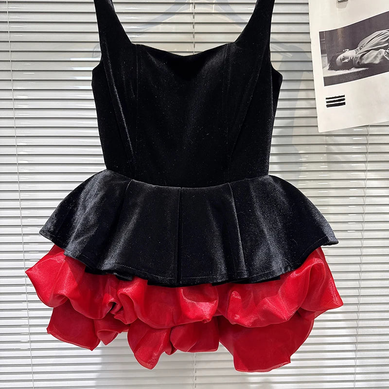 Winter New Fashion Style Velvet Waist-Cinching Contrast Color Hem Puffy Dress For Women Evening Party Dresses 11A07831