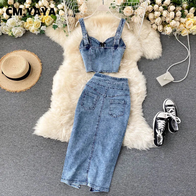 Women Denim Sets Sleeveless Strap Crop Top and Long Skirts Suits 2024 Summer Jeans Streetwear Two 2 Piece Sets Outfits