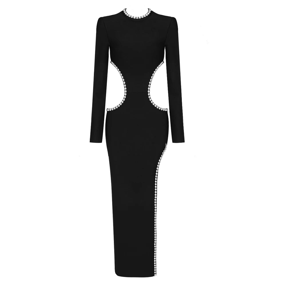 2022 Winter Black Dress Women Sexy Hollow Out High Slit Fashion Party Wear Bandage Dress With Long Sleeve black