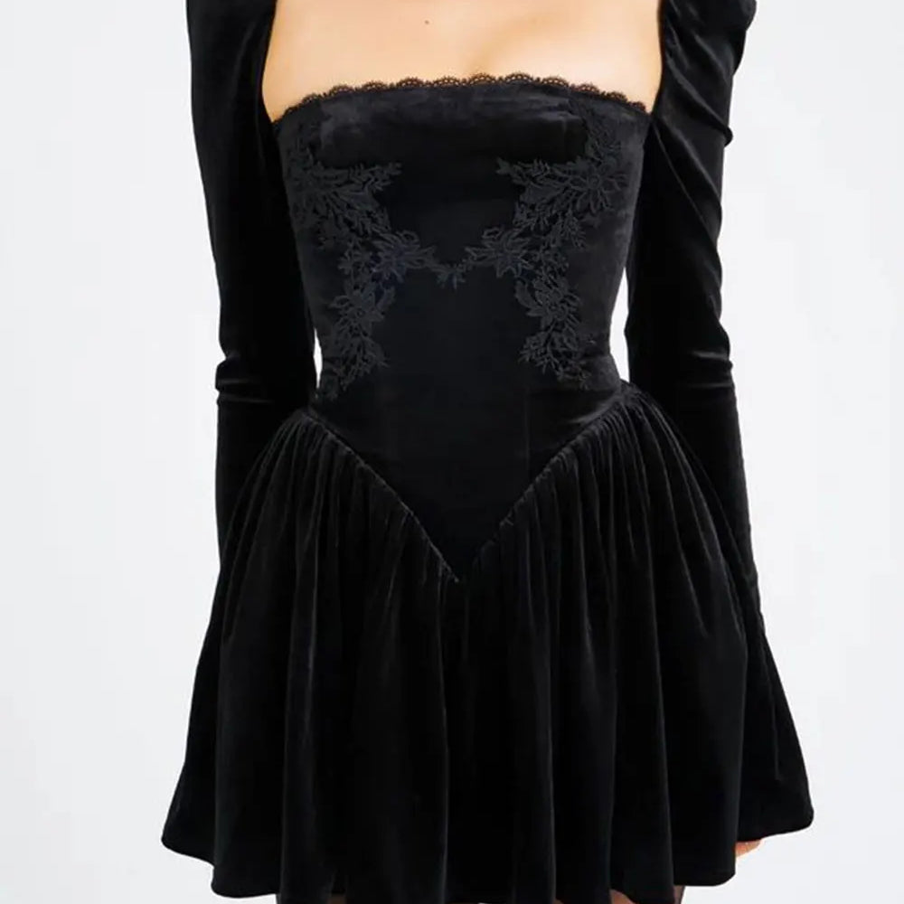 2024 Sexy Women's Christmas Dress Lace Square Collar Bubble Long Sleeve Slimming Bareback Drawstring pleated Mini Dress Vestidos