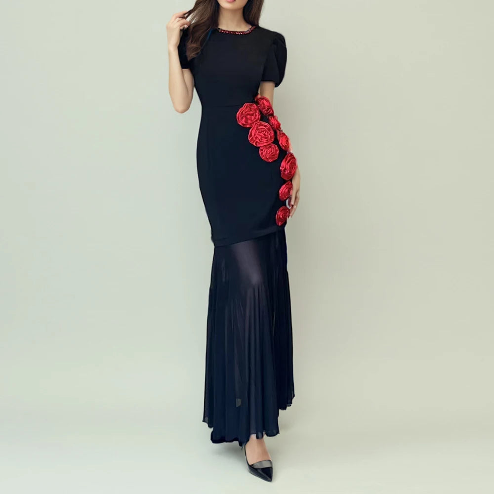 Hit Color Slimming Spliced 3D Flower Elegant Dresses for Women Round Neck Short Sleeves Dress Femlae Clothing New BLACK