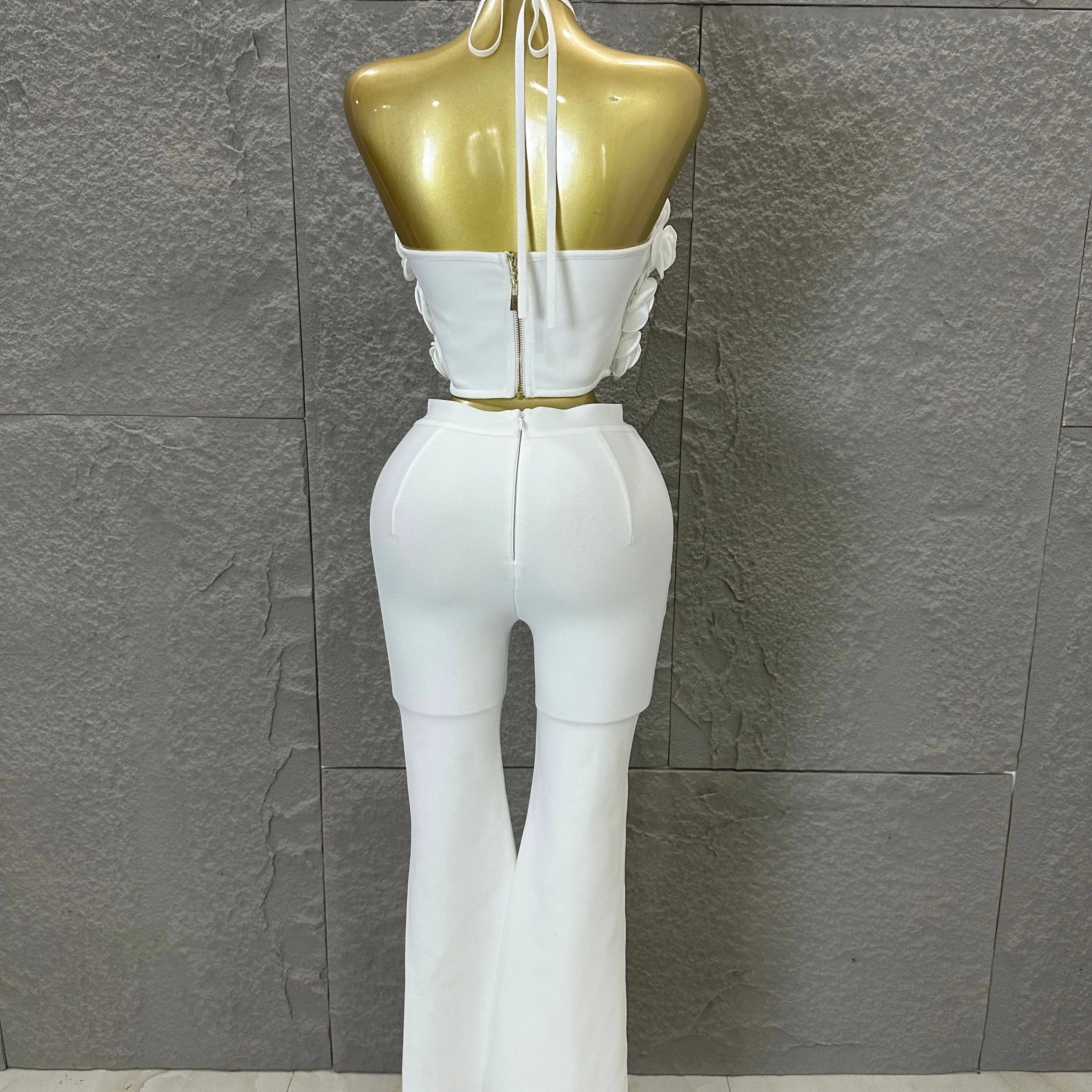 Elegant Two Piece Set Women Halter 3D Flower Crop Top High Waist Flare Pants Bandage Suit Party Casual Formal Wear