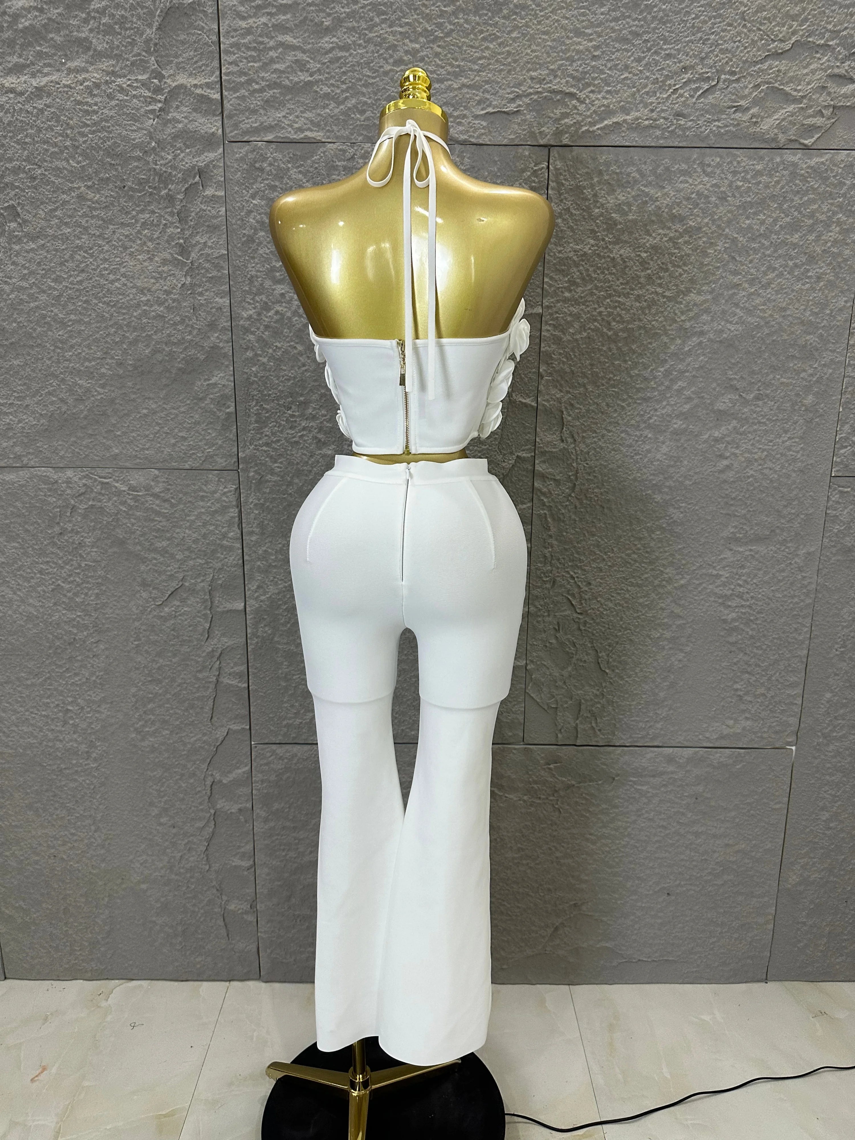 Elegant Two Piece Set Women Halter 3D Flower Crop Top High Waist Flare Pants Bandage Suit Party Casual Formal Wear