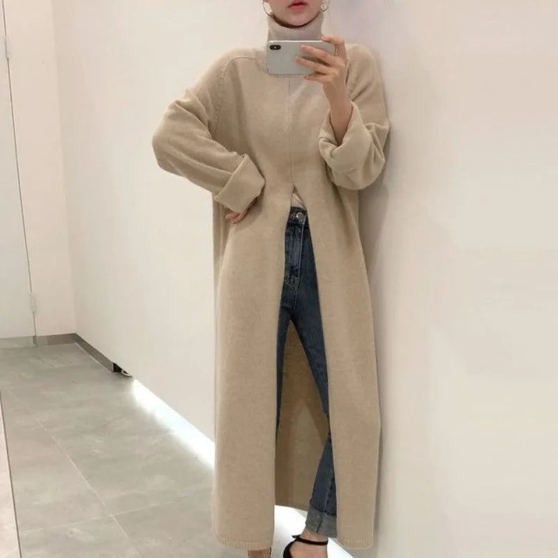 High Neck Loose Slit Long Knit Sweater Bottom Sweater Dress Vestidos De Mujer Black Knitted Robe Vintage New Korean Khaki One Size