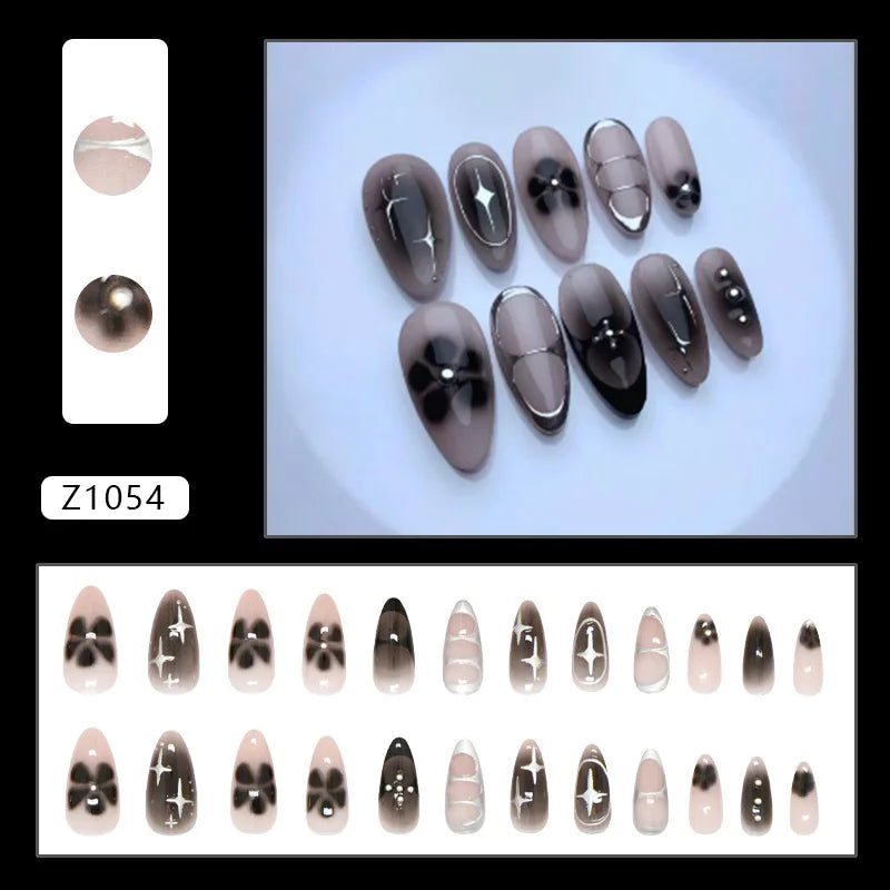 24pcs French Almond Press on Nails Retro Green Cat Eye Fake Nail Tips Detachable Wearable Sweet Cool Spice Girl False Nails 4