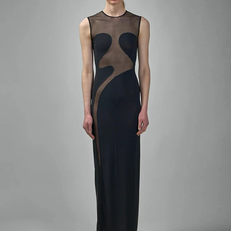 Cool Fashion Black White Sheer Mesh Sleeveless O-Neck Ankle Dress for Party Date Night Evening Gown