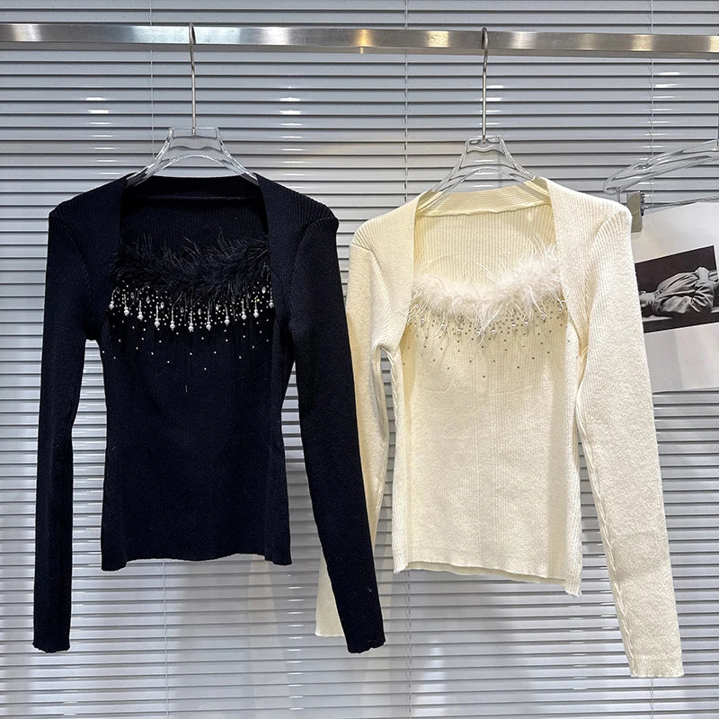 Winter New Elegant Fashion Shawl Slim Fit Knitted Sweater For Women Versatile Feather Patchwork Pullover 11A07523