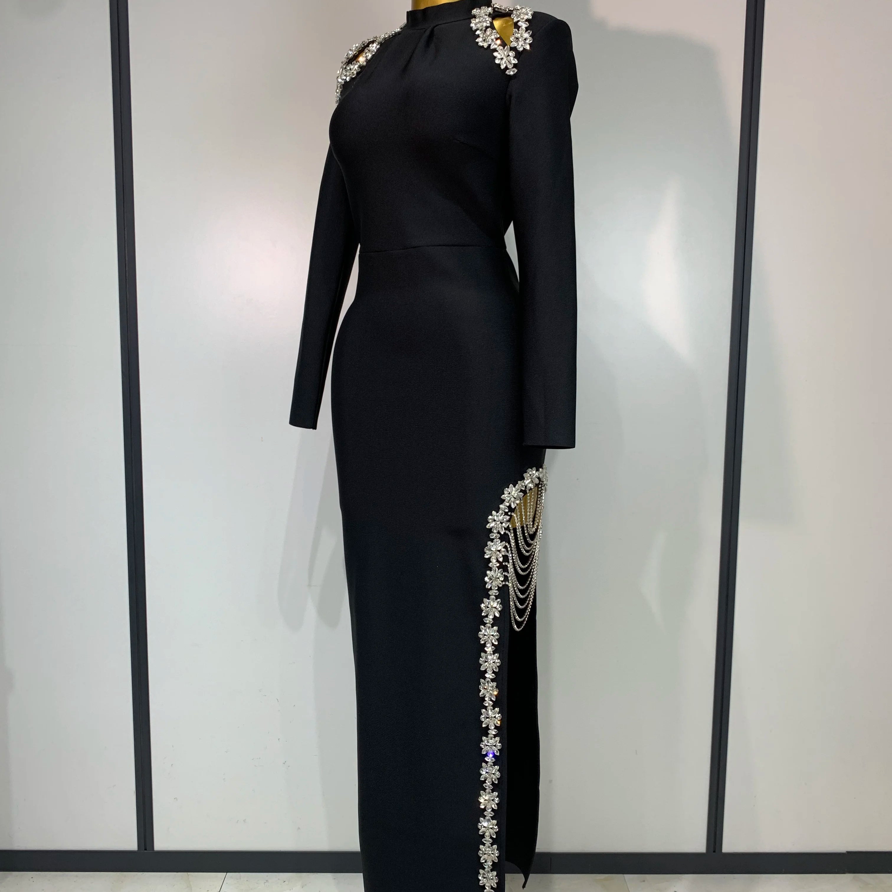 Women Long Sleeve Sexy Shinning Crystal High Split Bodycon Long Bandage Dresses Elegant Evening Party Birthday Cocktail Outfit