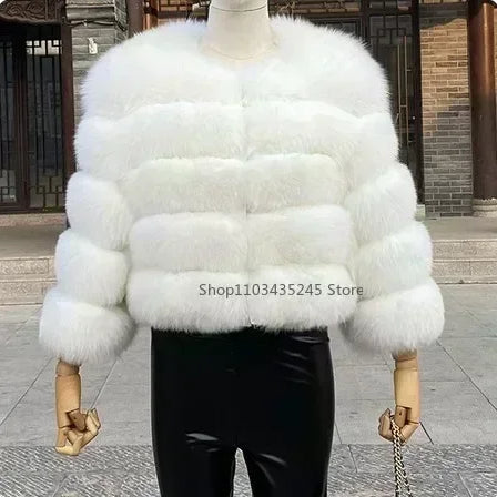 Women's Fashion Faux Fur Coat Super Hot Autumn Winter Women Short Faux Fox Fur Fluffy Jacket High Quality 5xl Ladies Furry Coats white