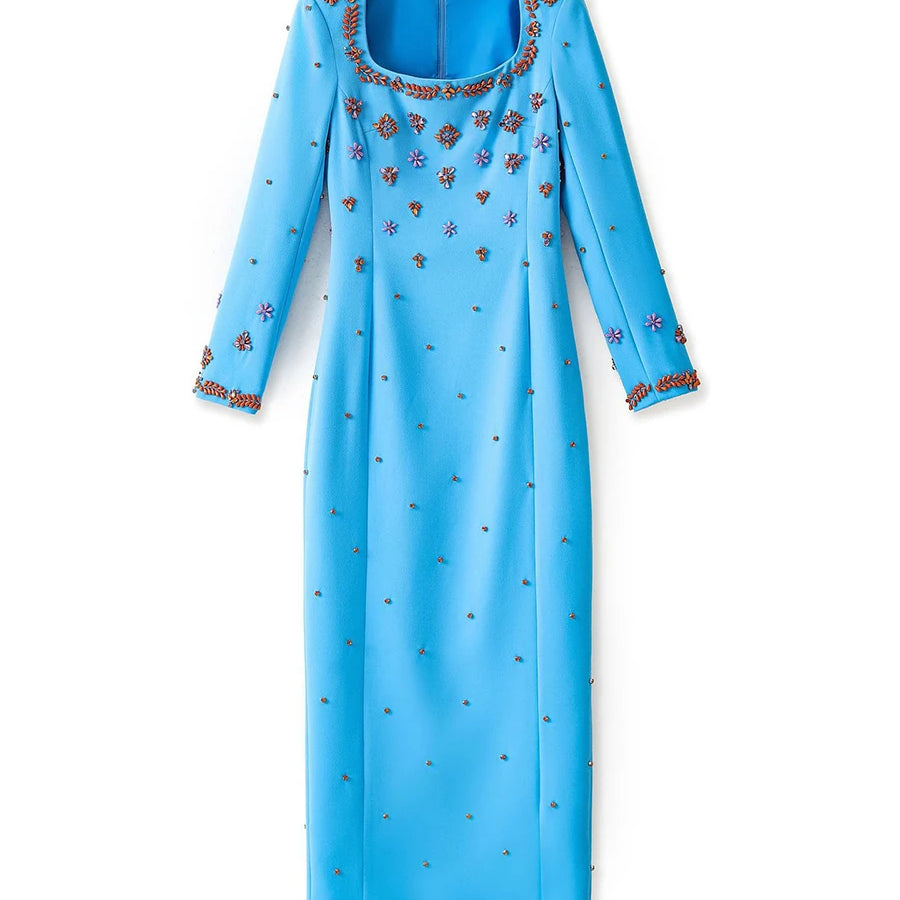 Solid Slimming Spliced Bead Luxurious Dresses for Women Square Neck Long Sleeves Temperament Dress Female Clothing BLUE