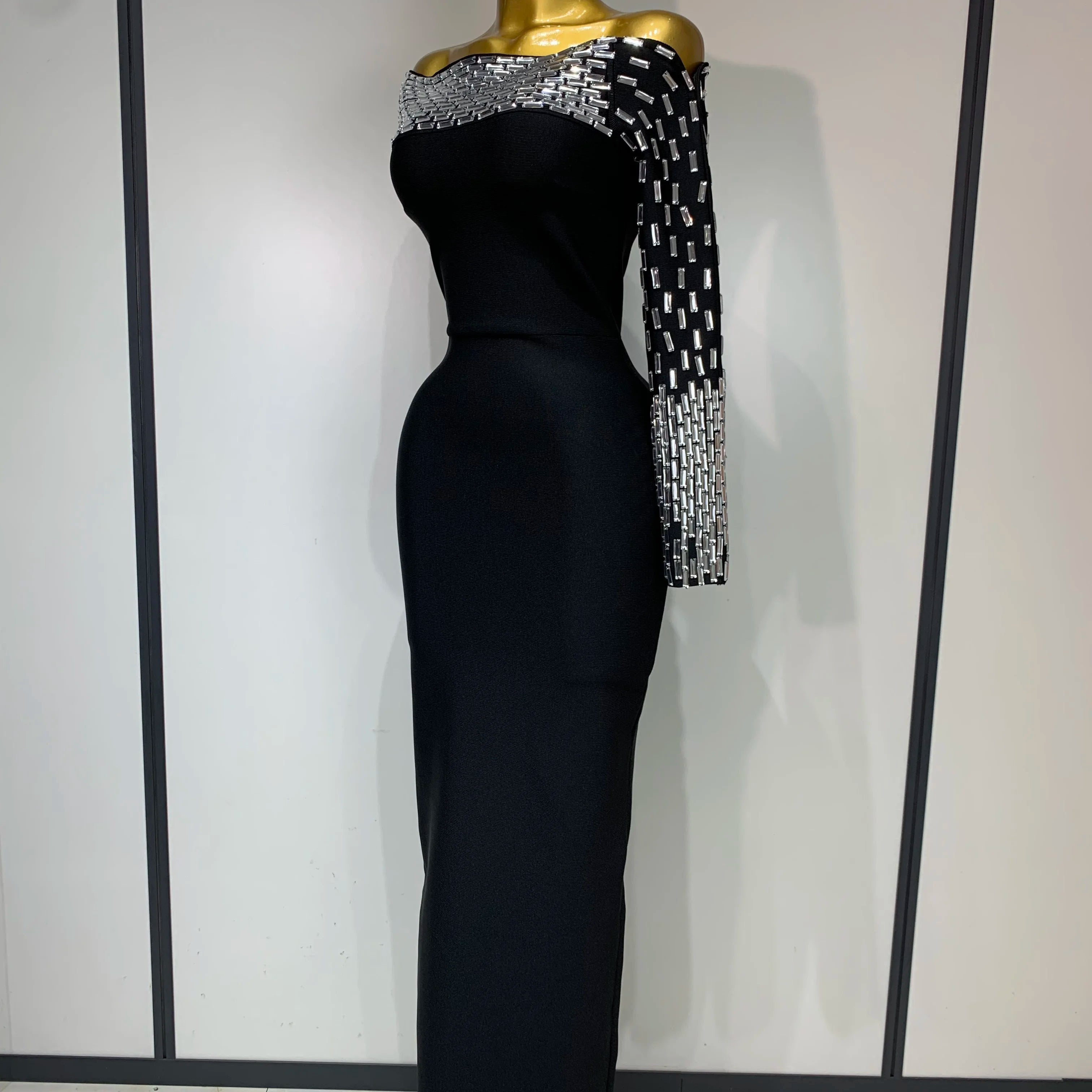 Women Celebrity Sexy Off-shoulder Diamonds Black Maxi Long Bandage Dress Evening Party Celebirty Elegant Stage Performance Dress