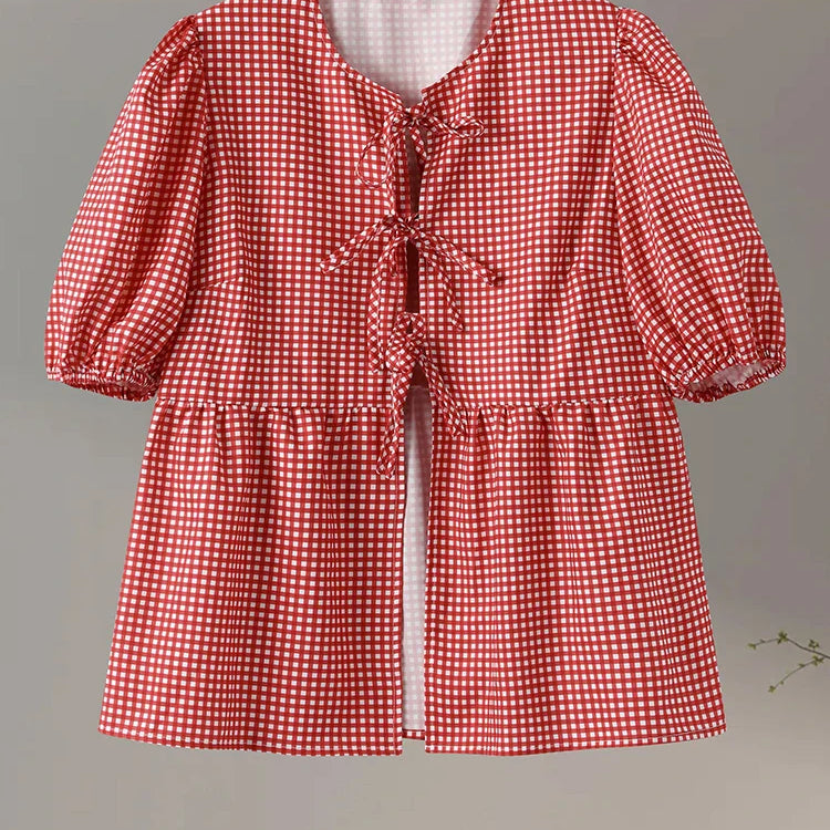 Red Plaid O-neck Lace Up Women Shirts And Blouses Puff Sleeve Hollow Out Women's Shirt Summer Casual Ruffles Female Tops