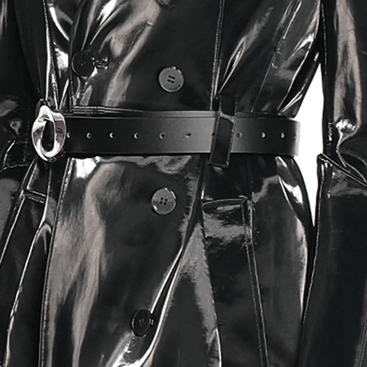 Lautaro Spring Long Shiny Reflective Hard Black Faux Patent Leather Trench Coat for Women Belt Double Breasted Overcoat 2025