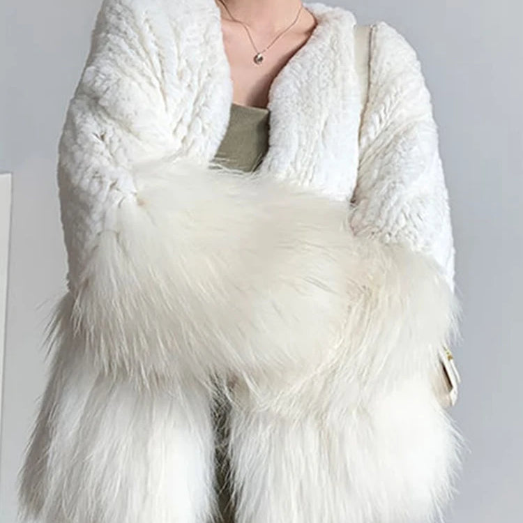 Women Fur Patchwork Imitation Furs Coats Loose Elegant O-neck Solid Cardigan Weave Design Blends Jacket Autumn