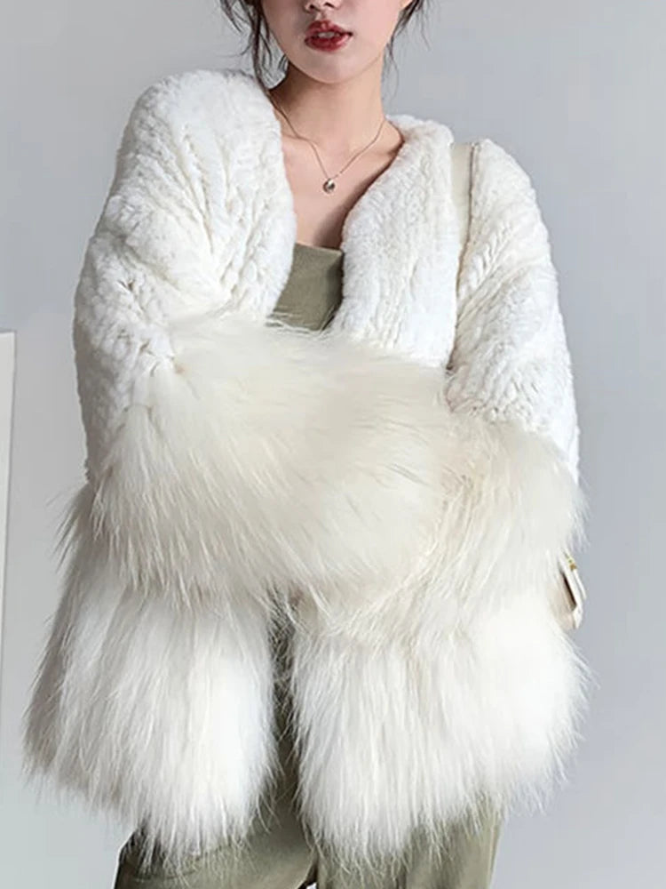 Women Fur Patchwork Imitation Furs Coats Loose Elegant O-neck Solid Cardigan Weave Design Blends Jacket Autumn
