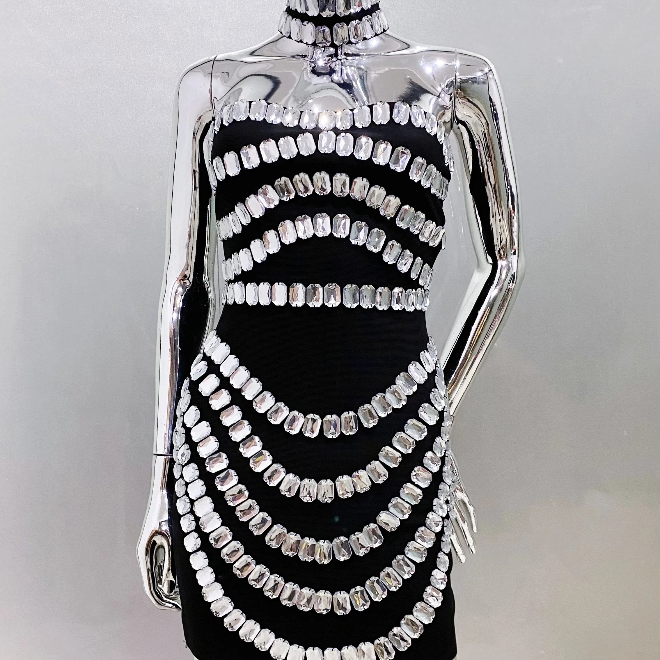2025 Stylish Necklace Shining Diamonds Strapless Black Bandage Mini Dress Fashion Woman Party Vestido Celebrity Birthday Outfit