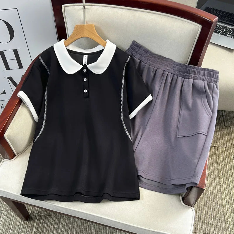 Plus Size Women's Set Casual Color Blocking Short Sleeve Tops And Grey Shorts Two Piece 100KG Sports Suit Summer 2025 black