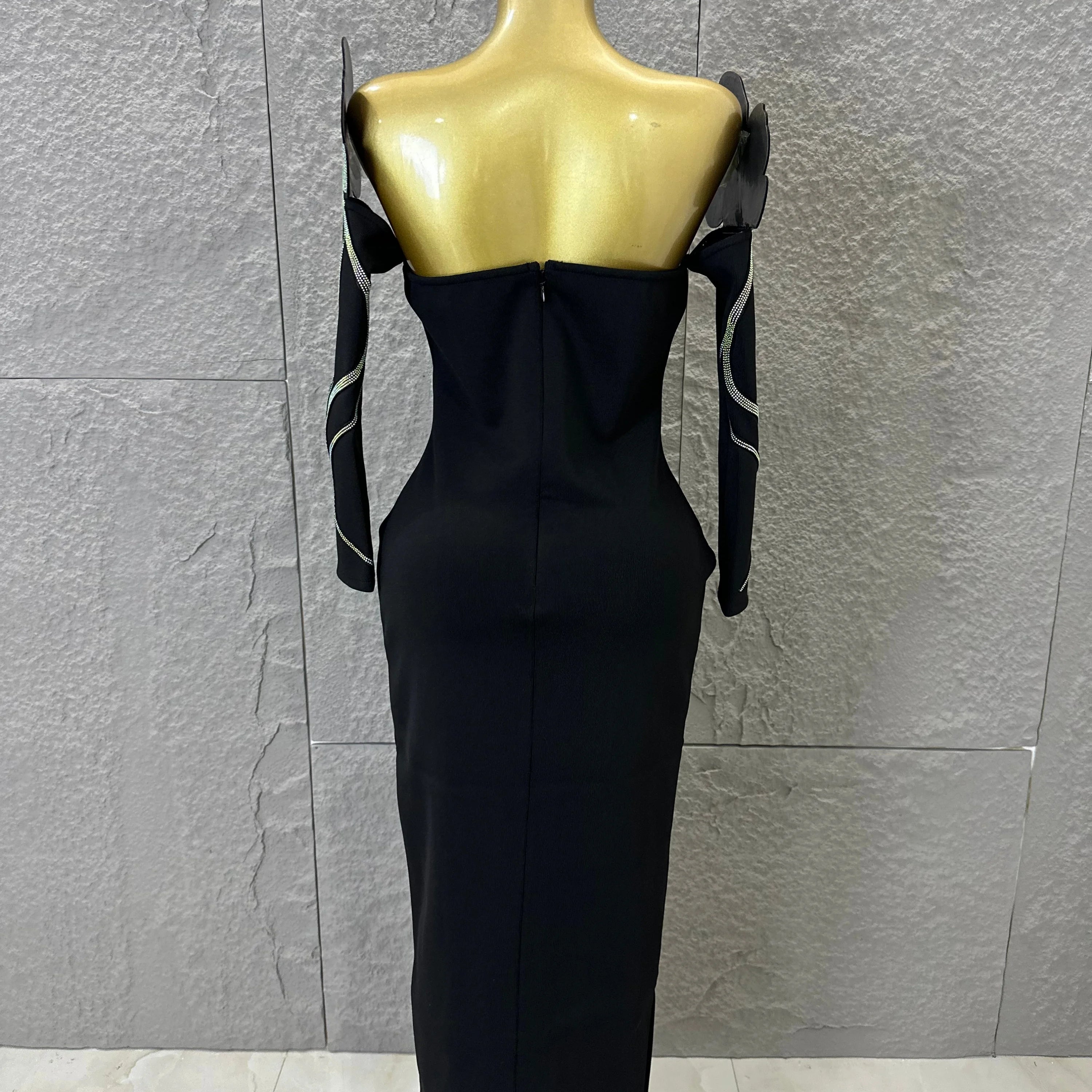 High QualityBlack Off-Shoulder Bodycon Midi Dress Women Sexy Sheer Mesh Plunge V Neck Long Sleeve High Slit Cocktail Outfit