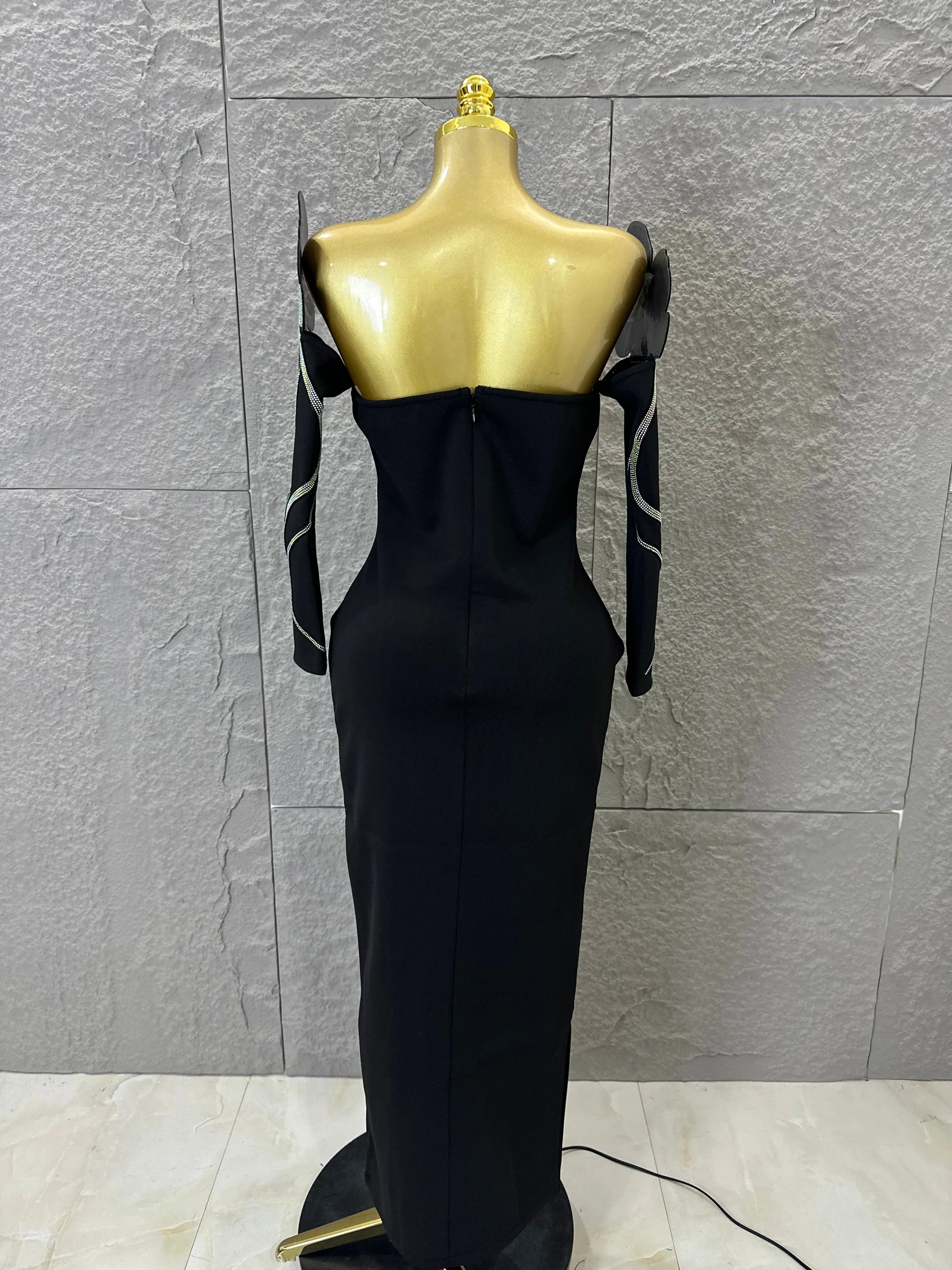 High QualityBlack Off-Shoulder Bodycon Midi Dress Women Sexy Sheer Mesh Plunge V Neck Long Sleeve High Slit Cocktail Outfit