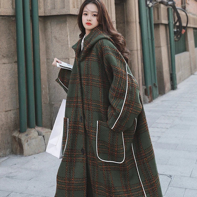 Autumn Winter Long Oversized Warm White Patchwork Plaid Wool Blends Trench Coats Women with Hood Runway Korean Fashion
