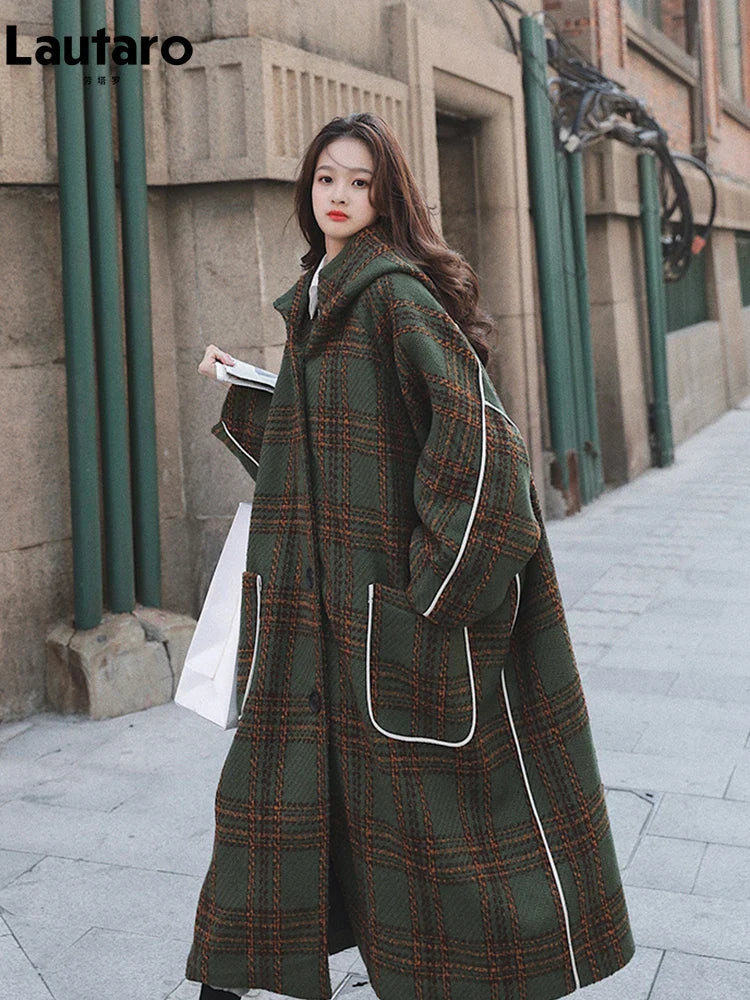 Autumn Winter Long Oversized Warm White Patchwork Plaid Wool Blends Trench Coats Women with Hood Runway Korean Fashion
